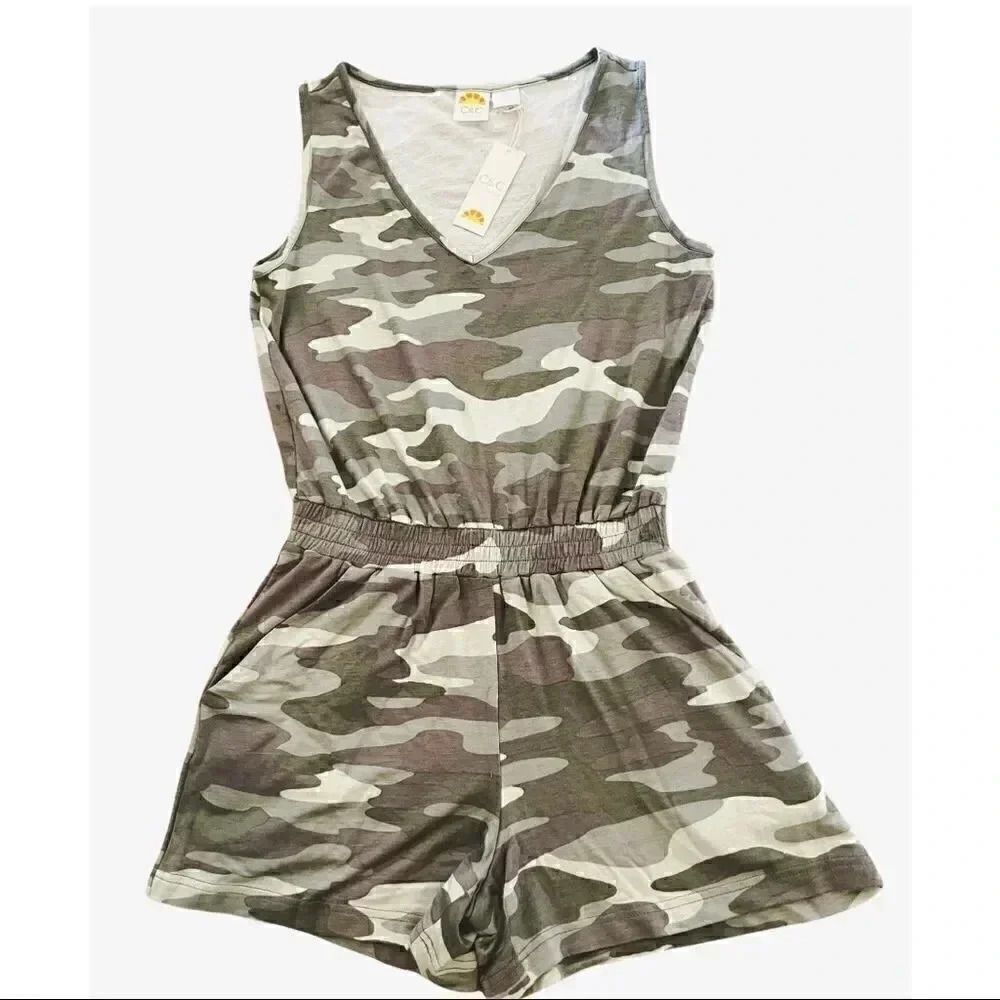 NWT C& C Green Camo Womens Smocked Romper SZ S